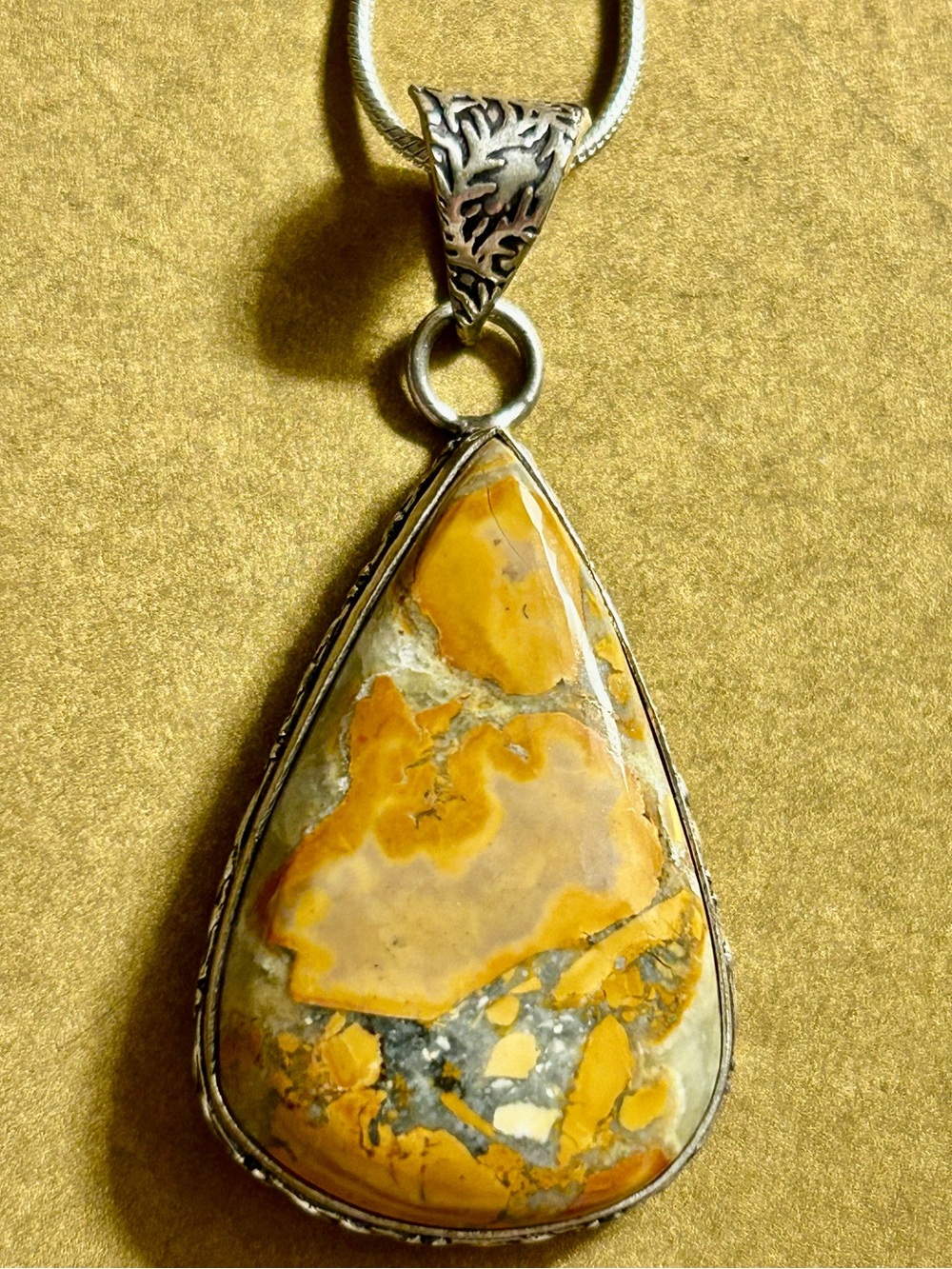 NWOT Necklace Maligano Jasper teardrop stone pendant floral 925 Sterlingsp/chain